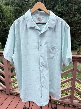 light blue Hudson River brand short-sleeve shirt features a subtle grid pattern